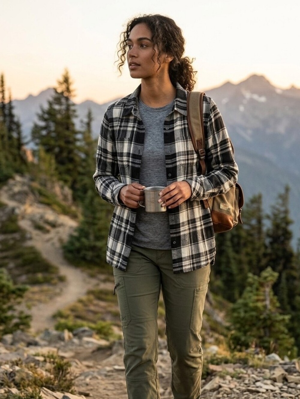 Kavu Black Cream Plaid Cotton Flannel Button Down Shirt